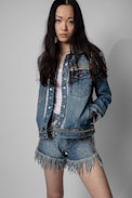 Short Snow Studs Strass - Short en denim orné de cristaux multicolores Femme
