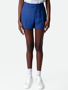 Short Please Lin - Short de tailleur en lin bleu à poches.