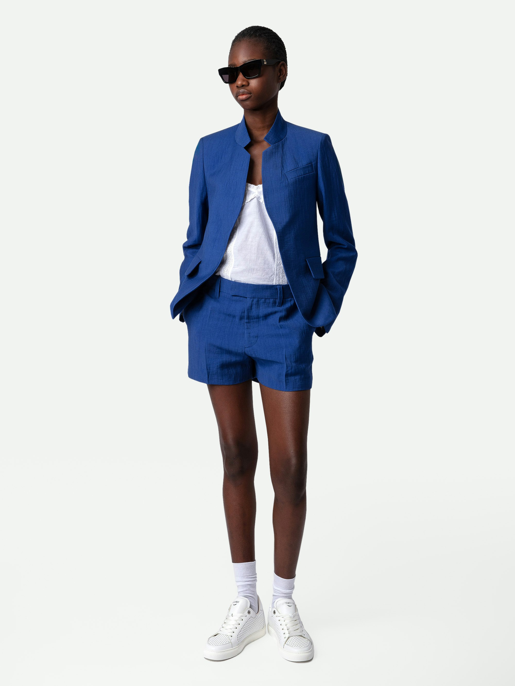 Please Linen Shorts - Blue linen tailored shorts with pockets.