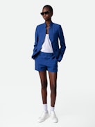 Short Please Lin - Short de tailleur en lin bleu à poches.