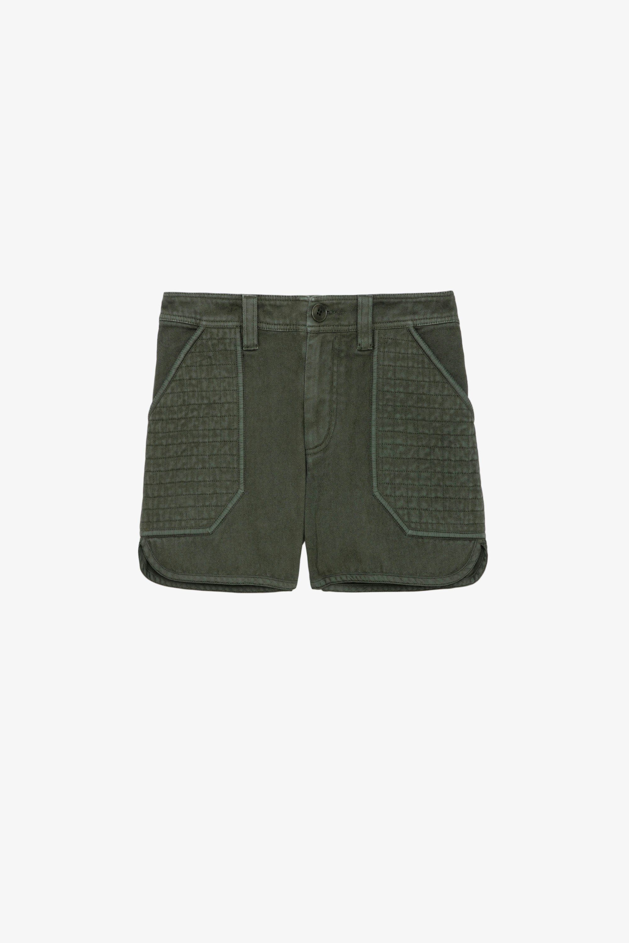 Pantalón Corto Sei - Pantalón corto de sarga de algodón en color caqui con bolsillos y apliques texturizados.