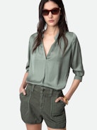 Sei Shorts - Khaki cotton twill shorts with pockets and textured panels.