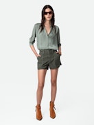 Sei Shorts - Khaki cotton twill shorts with pockets and textured panels.