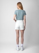 Sissi Denim Shorts - White denim shorts with pockets, overstitched details and raw hems.