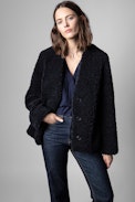 Mila Soft Curly Coat - Women's boiled wool effect coat in black