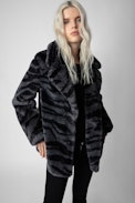 Abrigo Fera - Abrigo negro de piel sintética con estampado de tigre para mujer