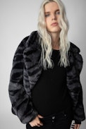 Abrigo Fera - Abrigo negro de piel sintética con estampado de tigre para mujer