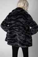 Abrigo Fera - Abrigo negro de piel sintética con estampado de tigre para mujer