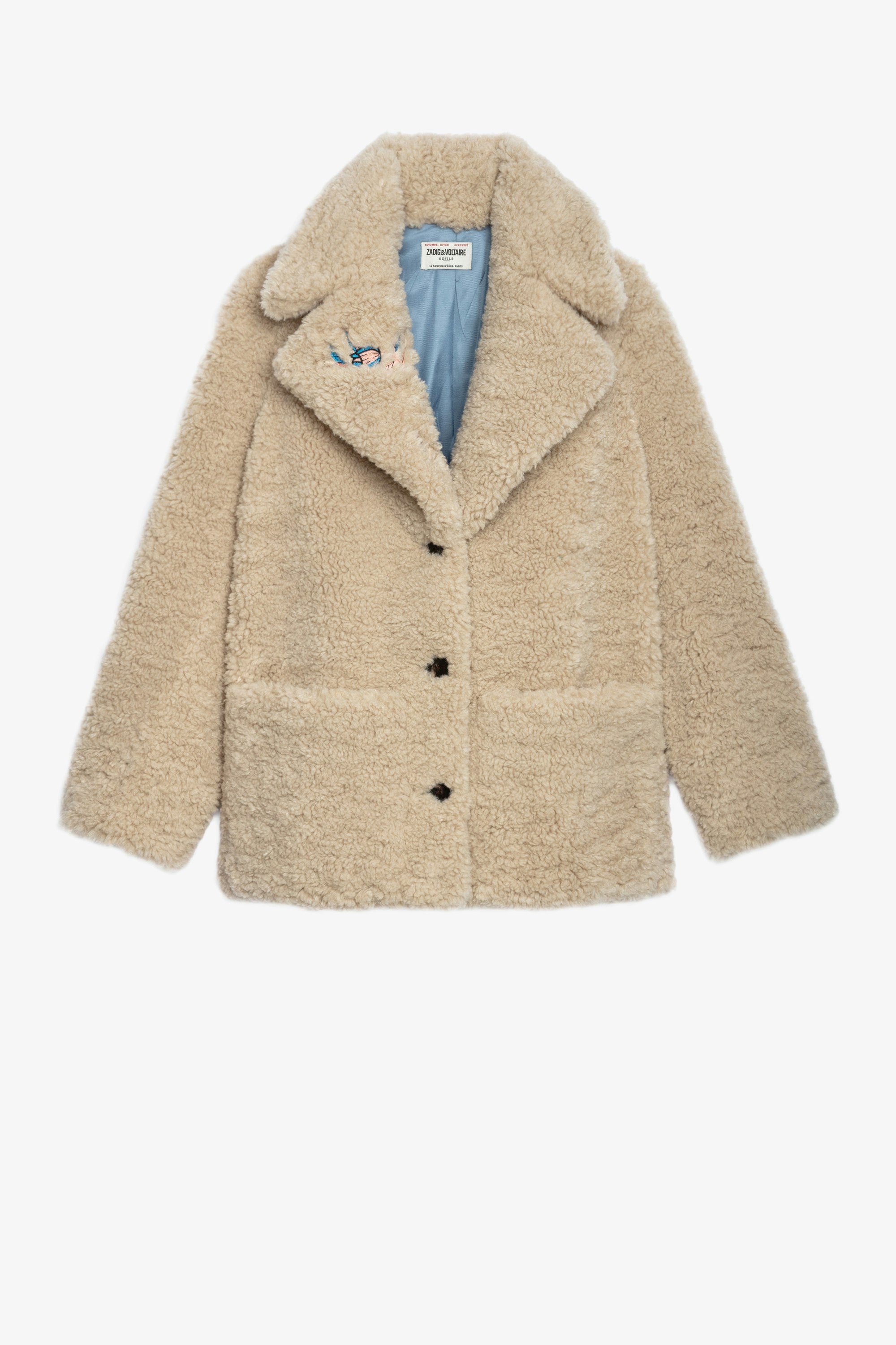 Laure Soft Curly コート Women’s beige faux fur coat with floral embroidery and the slogan “Amour”
