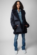 Festif Coat - Women's navy coat with faux shearling lining.