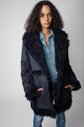 Festif Coat - Women's navy coat with faux shearling lining.