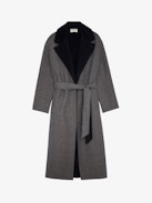 Mantel Meli - Langer Damen-Mantel aus Wolle in Schwarz mit Gürtel und farblich abgesetztem Kragen, Flügelmotiv auf der Rückseite