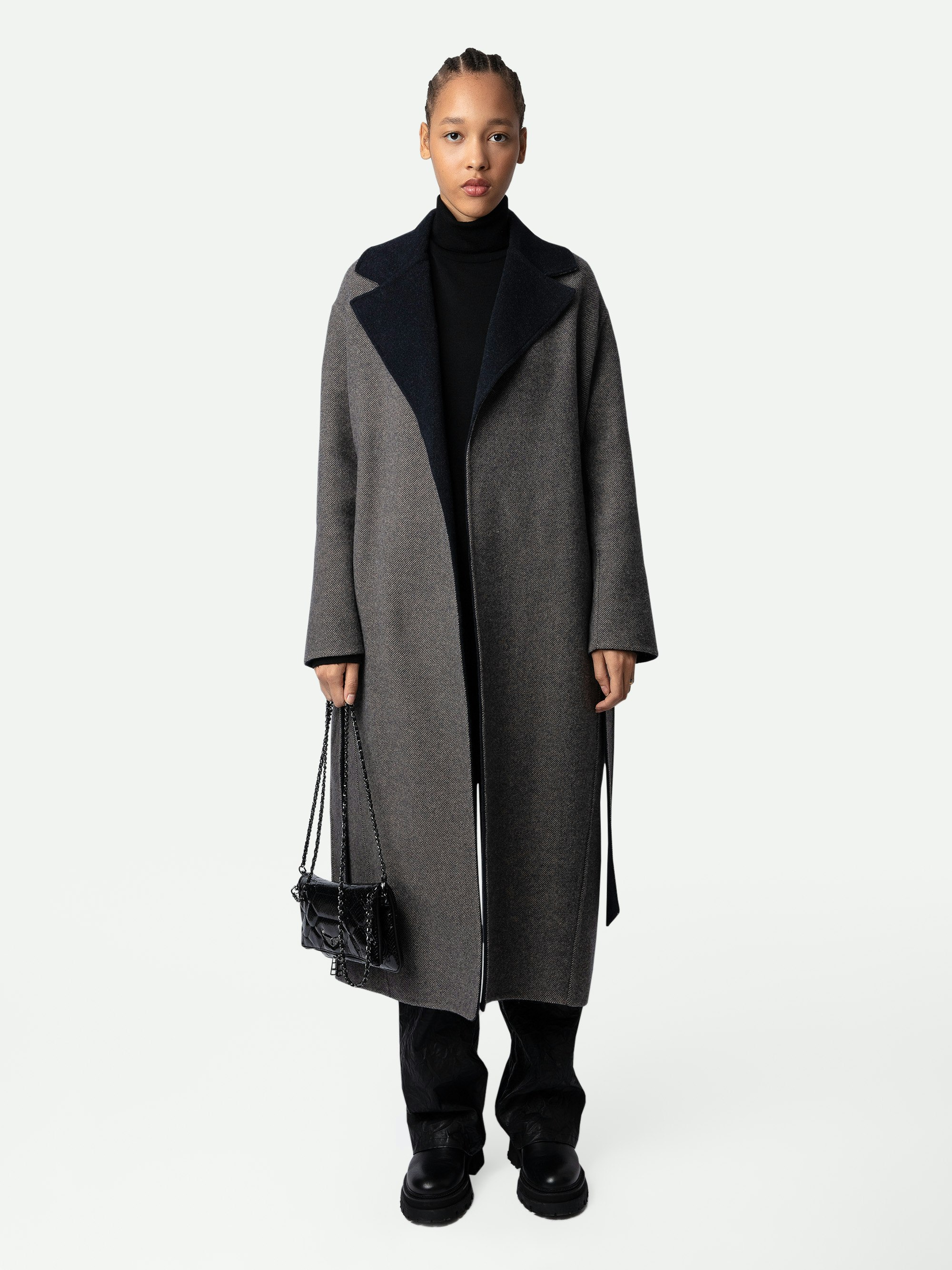 Meli Coat - Women’s long black wool belted coat with contrasting collar and wing motif on the back.