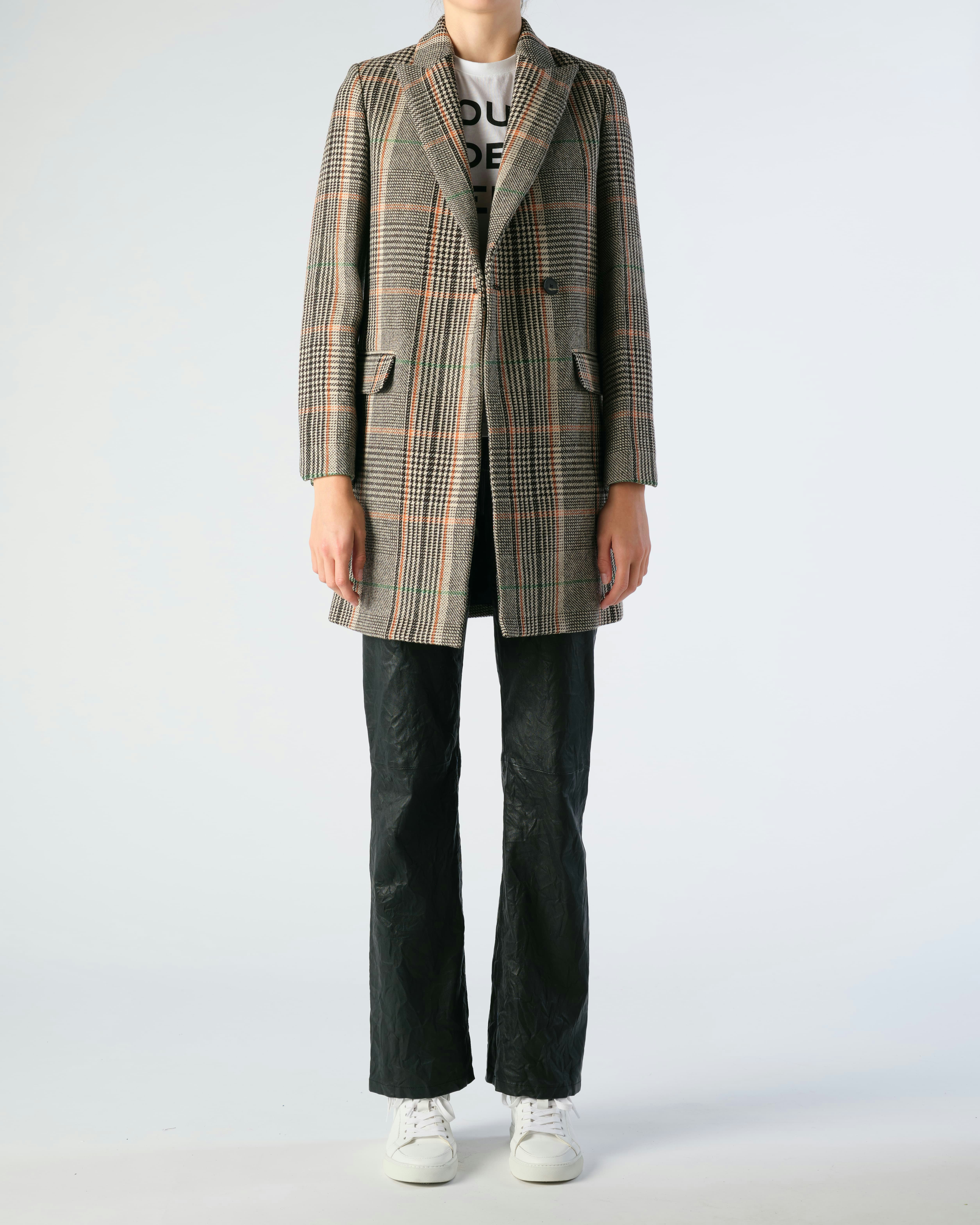 Marco Check Coat - Women's plaid mid-length coat with single button fastening.