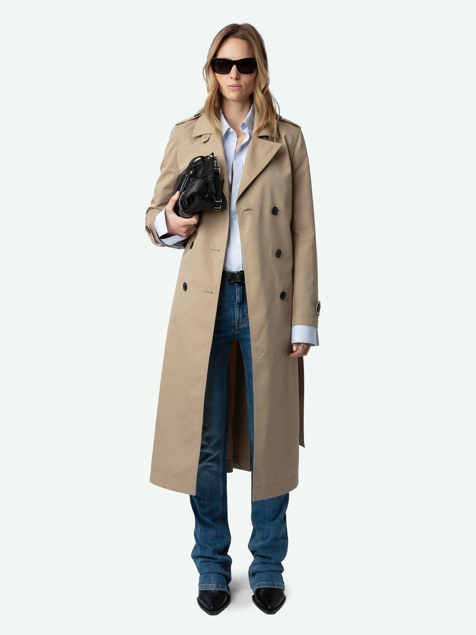 Mandy Trench Coat - Long brown water-repellent button-up trench coat with removable belt decorated with links and signature wings.