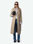Mandy Trench Coat - Long brown water-repellent button-up trench coat with removable belt decorated with links and signature wings.