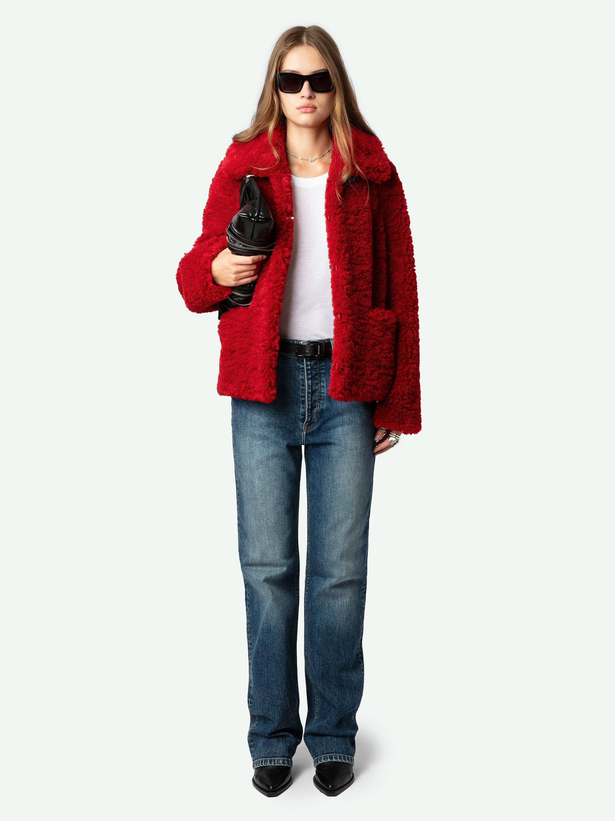 Fred Coat - Short red faux fur coat with collar and pockets.