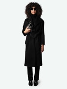 Meli Coat - Long black wool-blend coat with removable belt.
