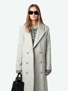 Mulan Coat - Long grey herringbone wool coat with button fastening, belt, and pockets.