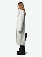 Mulan Coat - Long grey herringbone wool coat with button fastening, belt, and pockets.