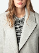 Mulan Coat - Long grey herringbone wool coat with button fastening, belt, and pockets.