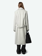 Mulan Coat - Long grey herringbone wool coat with button fastening, belt, and pockets.