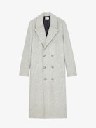Mulan Coat - Long grey herringbone wool coat with button fastening, belt, and pockets.