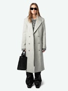 Mulan Coat - Long grey herringbone wool coat with button fastening, belt, and pockets.