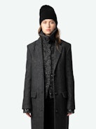 Mio Coat - Long anthracite wool blend coat with herringbone pattern, button fastening and pockets.
