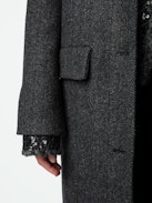 Mio Coat - Long anthracite wool blend coat with herringbone pattern, button fastening and pockets.