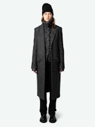 Mio Coat - Long anthracite wool blend coat with herringbone pattern, button fastening and pockets.