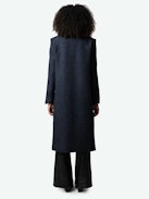 Mio Coat - Long navy blue coat with herringbone pattern, button fastening and pockets.