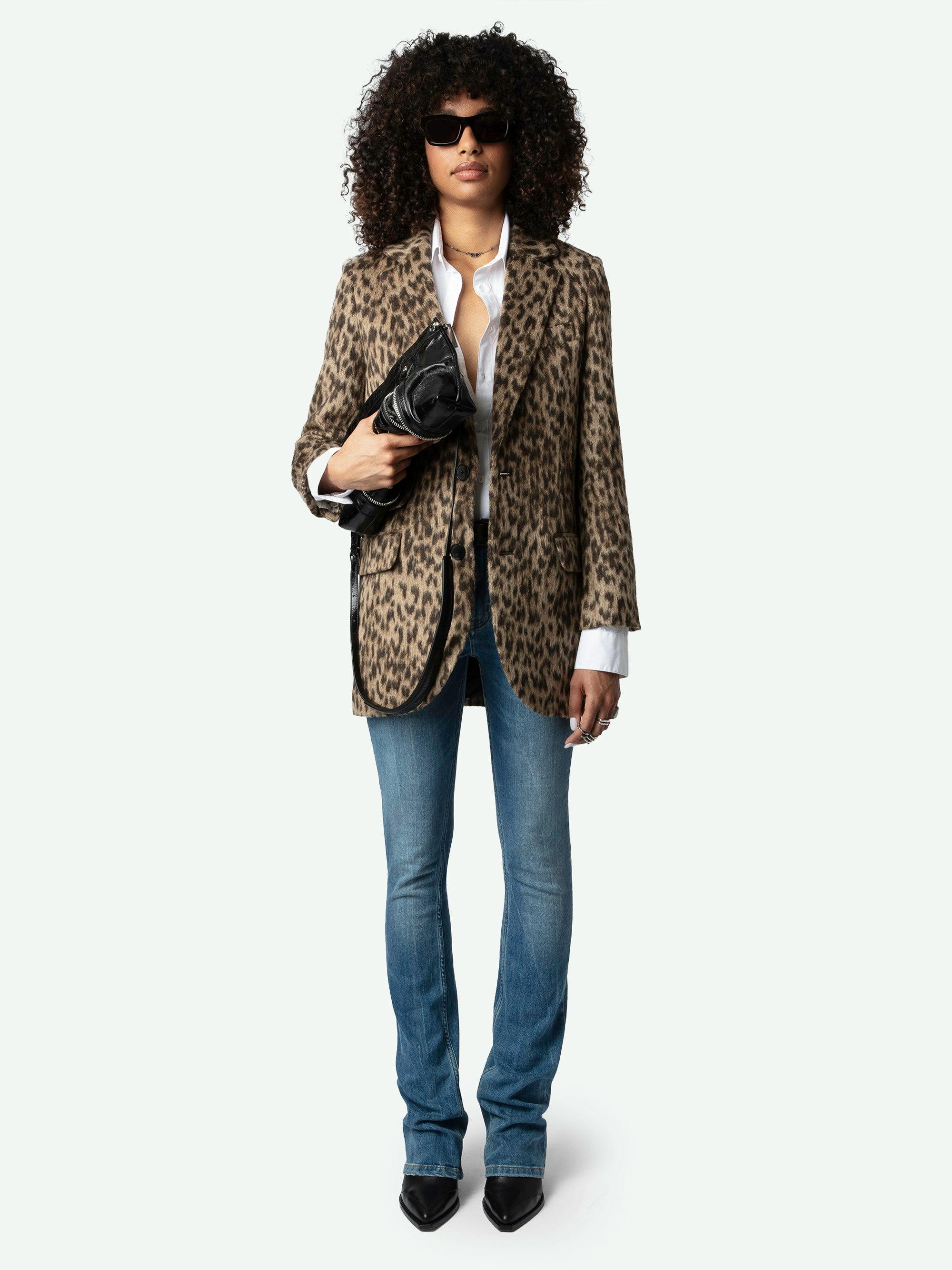 Mantel Violet Leopard - Halblanger, brauner und strukturierter Mantel mit Wild-Print, Knopfverschluss und Taschen.