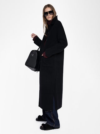 Micro Wool Coat - Long straight coat in wool blend, long sleeves, buttoned closure and applied pockets at the front.
