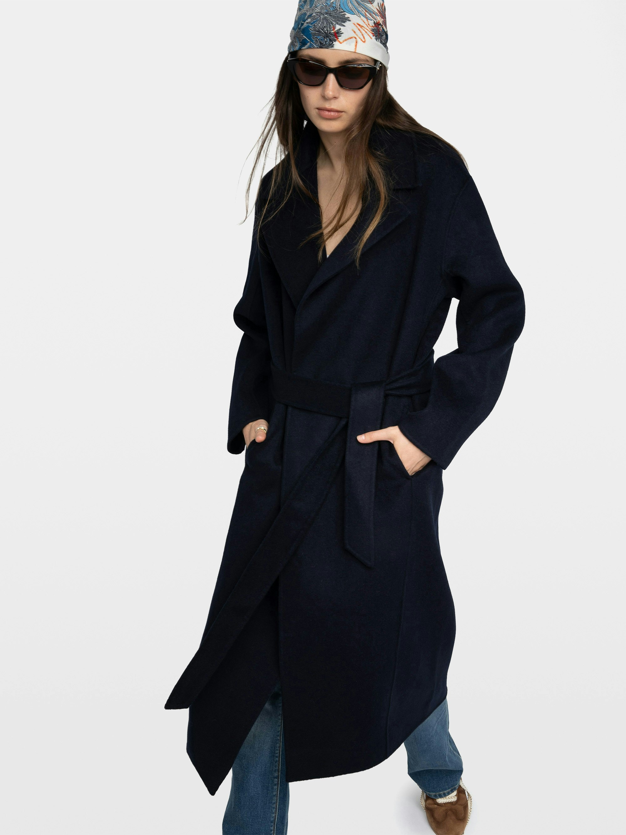 Meli Coat - Long coat in bathrobe style, double-faced, waist belt and long sleeves.