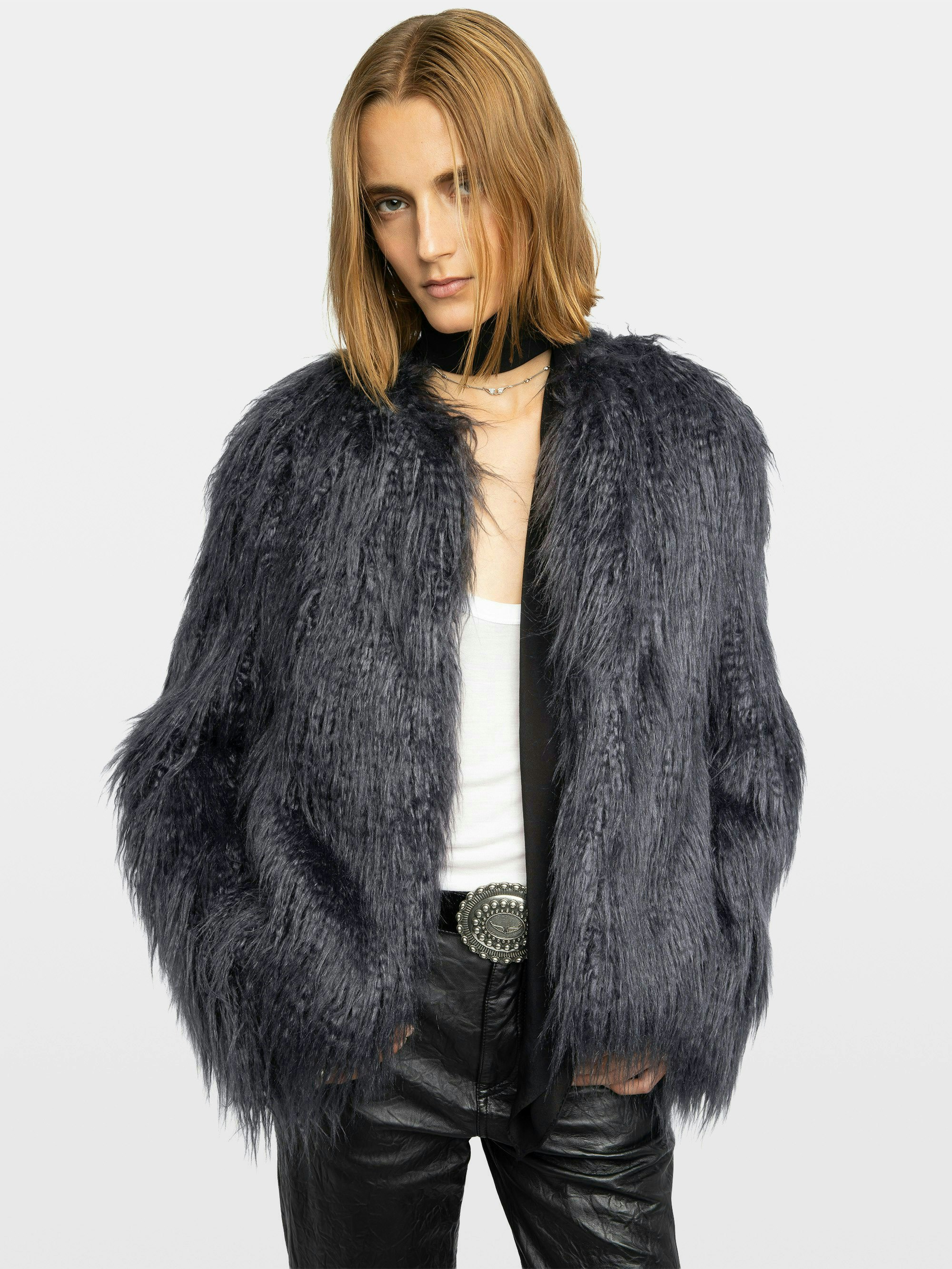 Freddie Curly Faux Fur Coat - Coat in curly faux fur with long sleeves.