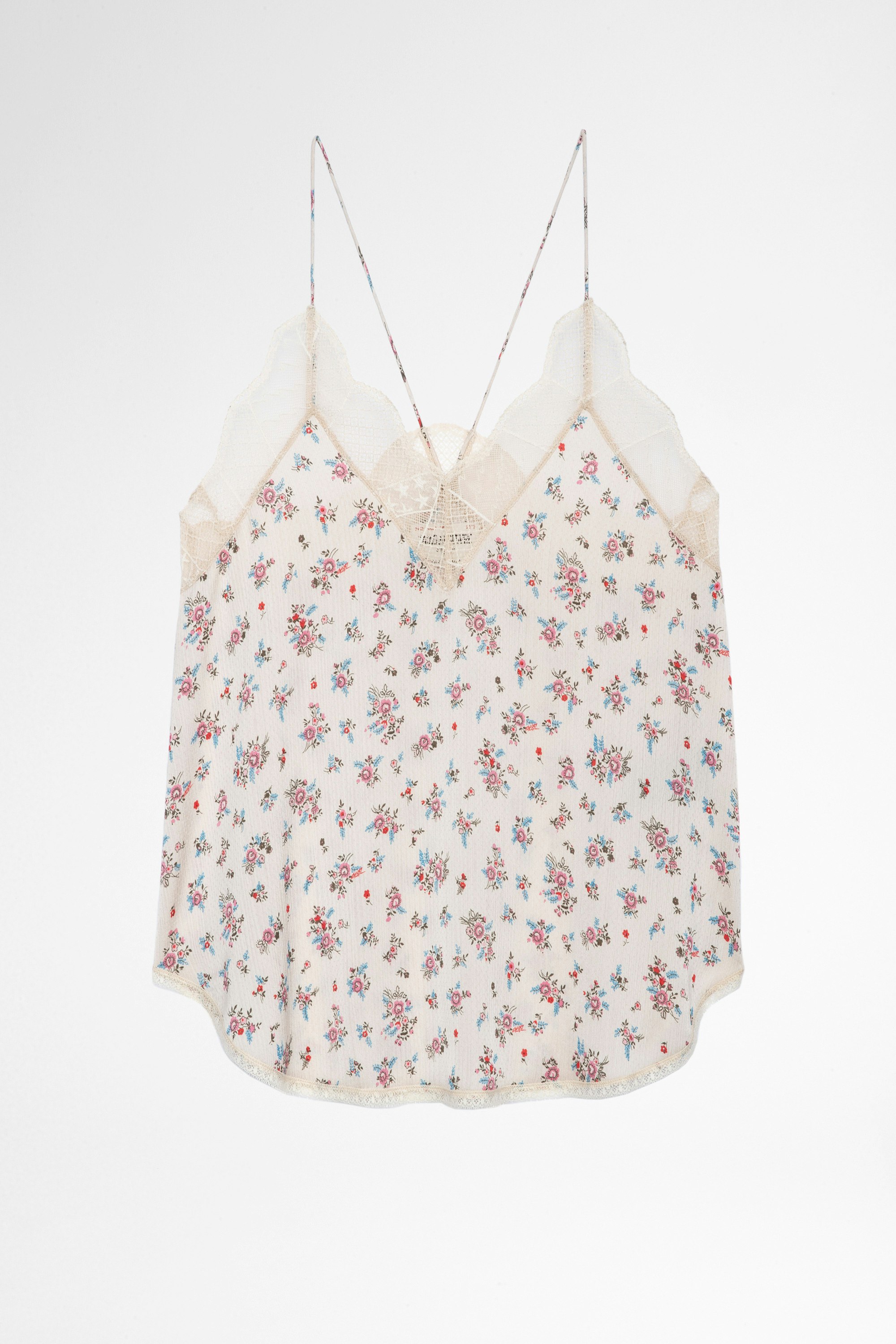Top lencero Christy Top lencero blanco con estampado floral y bordados de encaje para mujer