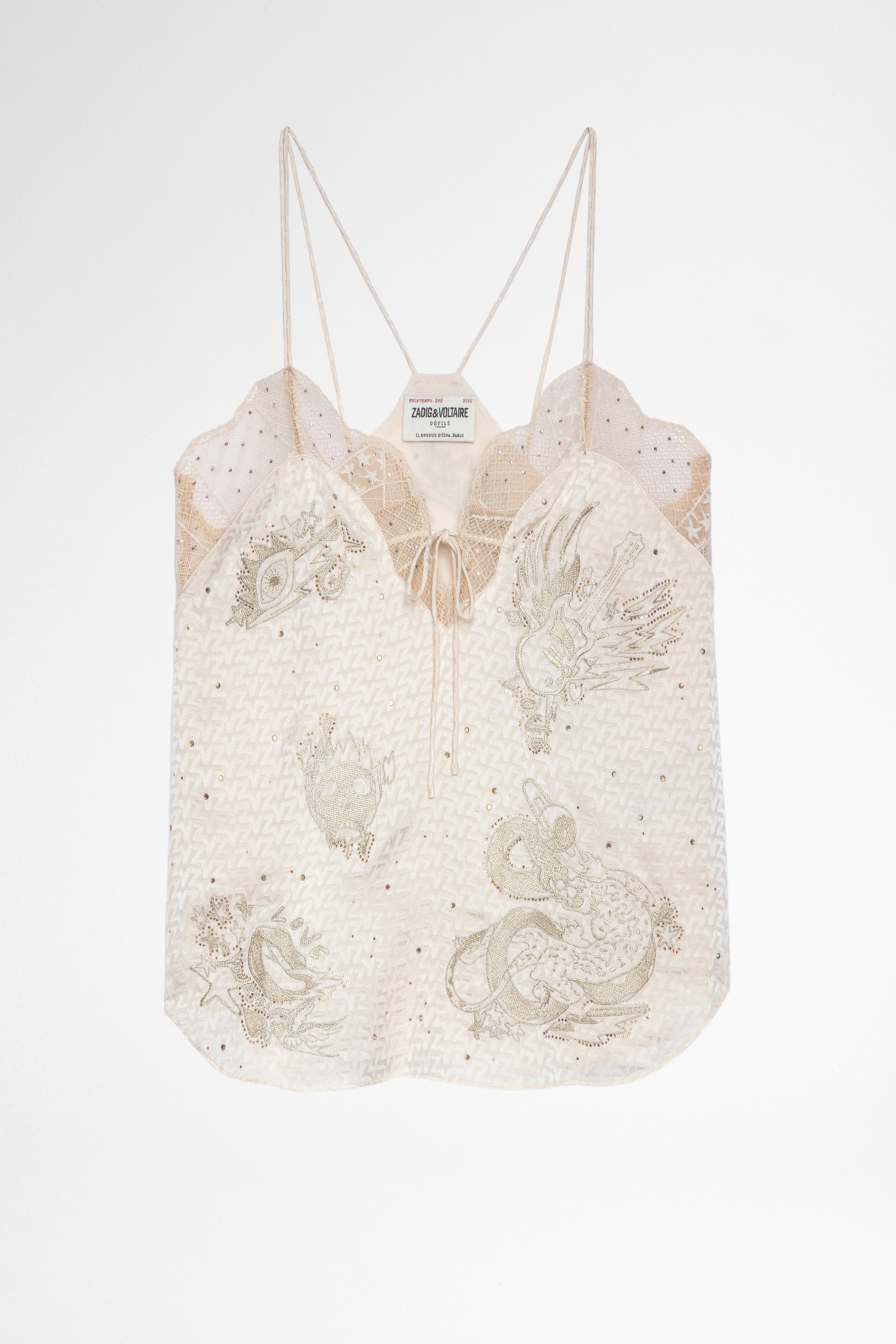 Capela Jac ZV キャミソール シルク Women's beige silk camisole adorned with crystals