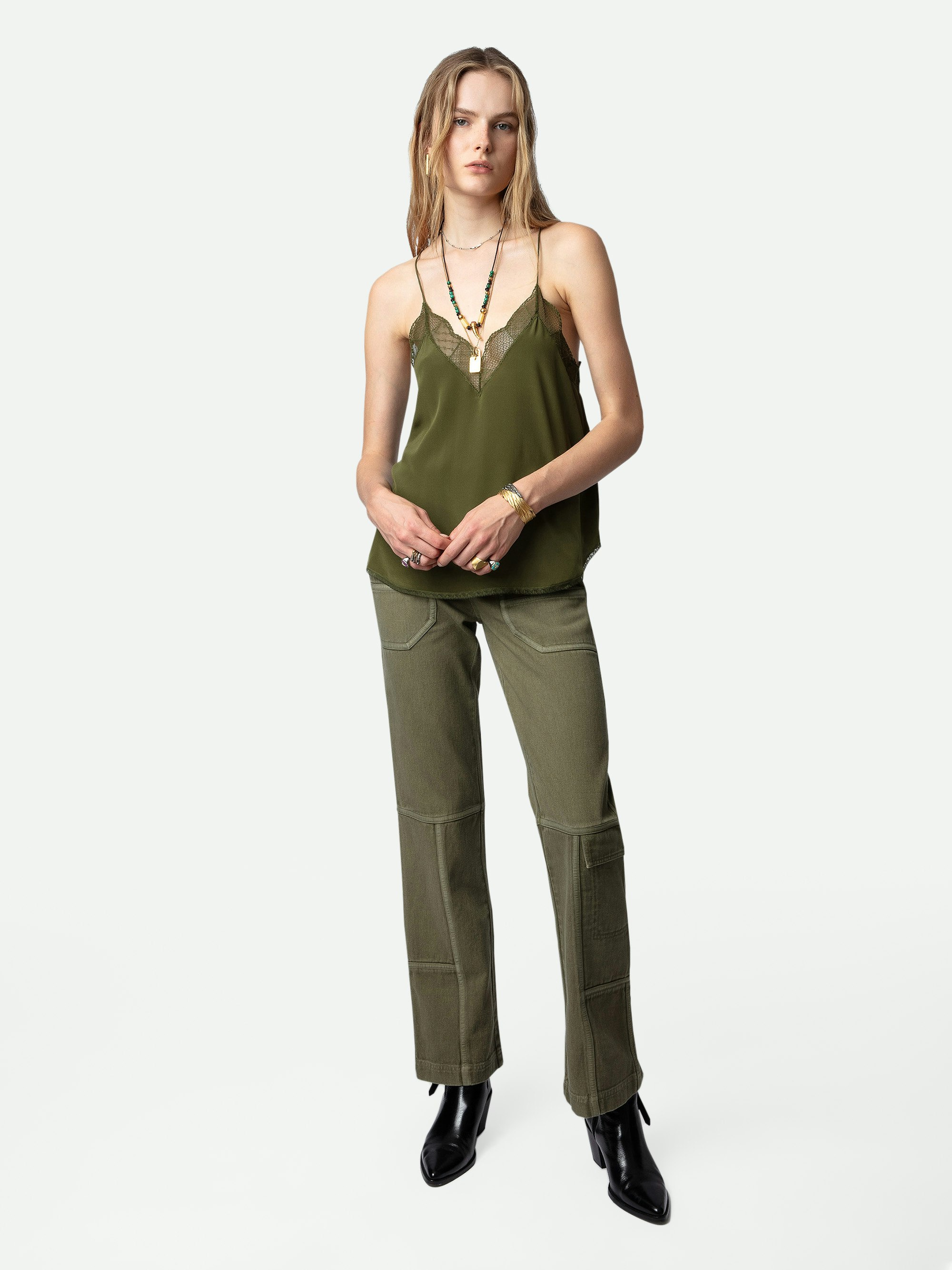 Christy Silk Camisole - Khaki silk lingerie-style camisole with thin straps and lace-trimmed neckline.