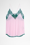 Caraco Christy Soie - Caraco en soie rose et dentelle kaki femme