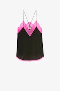 Christy Silk Camisole - Women's khaki silk and pink lace camisole