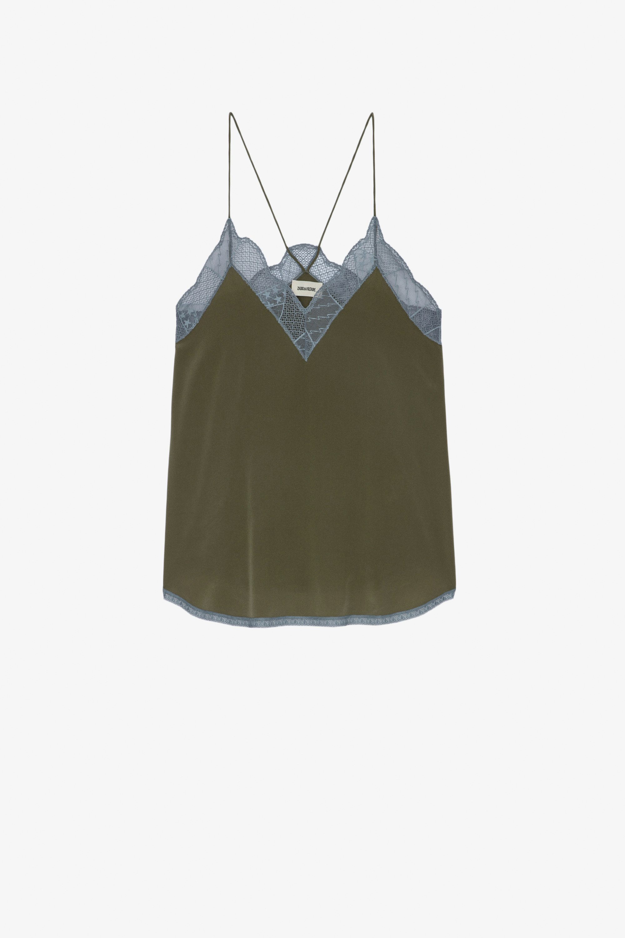 Christy Silk Camisole Women's low-necked khaki silk camisole with contrasting lace trim