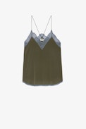 Christy Silk Camisole - Women's low-necked khaki silk camisole with contrasting lace trim