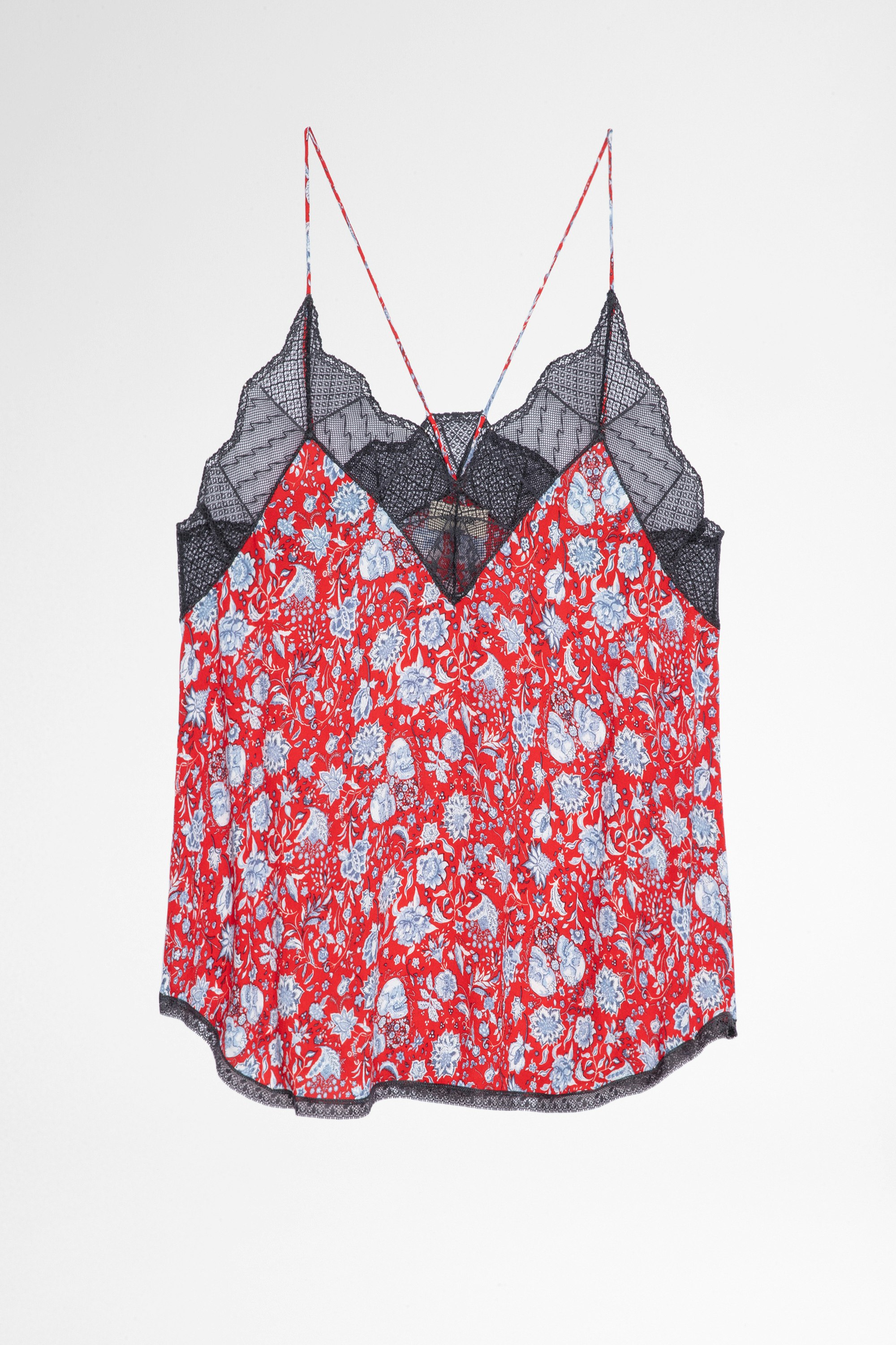 Christy キャミソール Women's floral print camisole in red with black lace trim