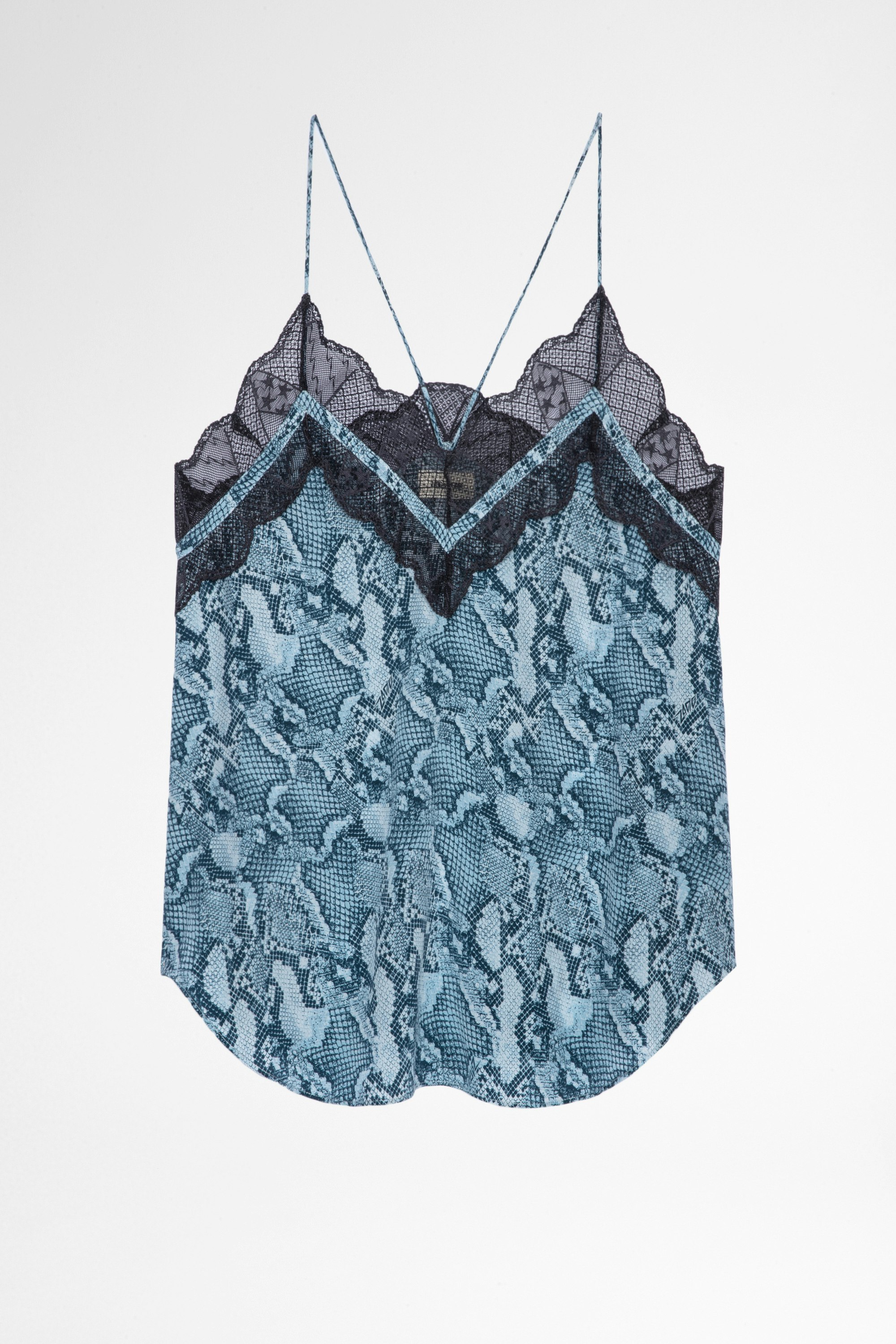 Christo Silk Camisole Women's snake print camisole in blue with black lace trim