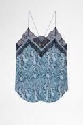 Christo Silk Camisole - Women's snake print camisole in blue with black lace trim