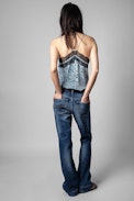Christo Silk Camisole - Women's snake print camisole in blue with black lace trim
