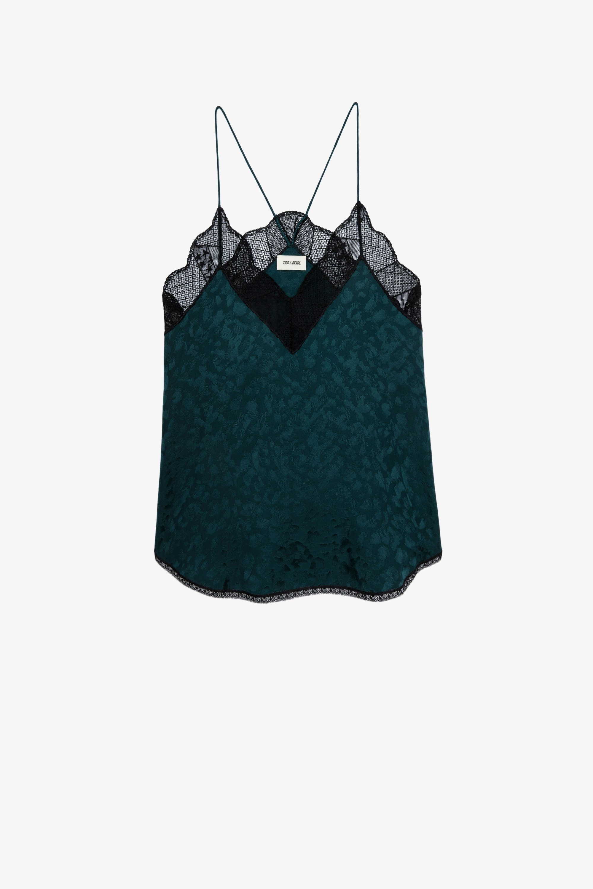 Christy Jac Leo Silk Camisole Green silk camisole with leopard-print jacquard and lace trim