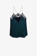 Christy Silk Camisole - Green silk camisole with leopard-print jacquard and lace trim