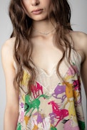 Christy Horse Diamanté Silk Camisole - Women’s multicoloured silk camisole with lace trim, decorated with horse motifs, crystals and the mantra “L'amour est déclaré”